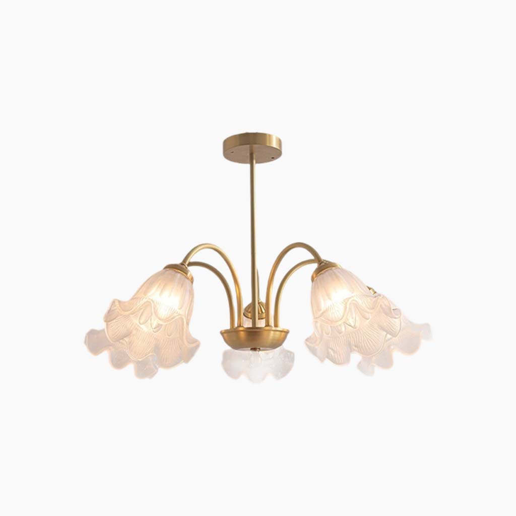 Chandelier French Glass Lily Flower Gold Branch 5 Lights