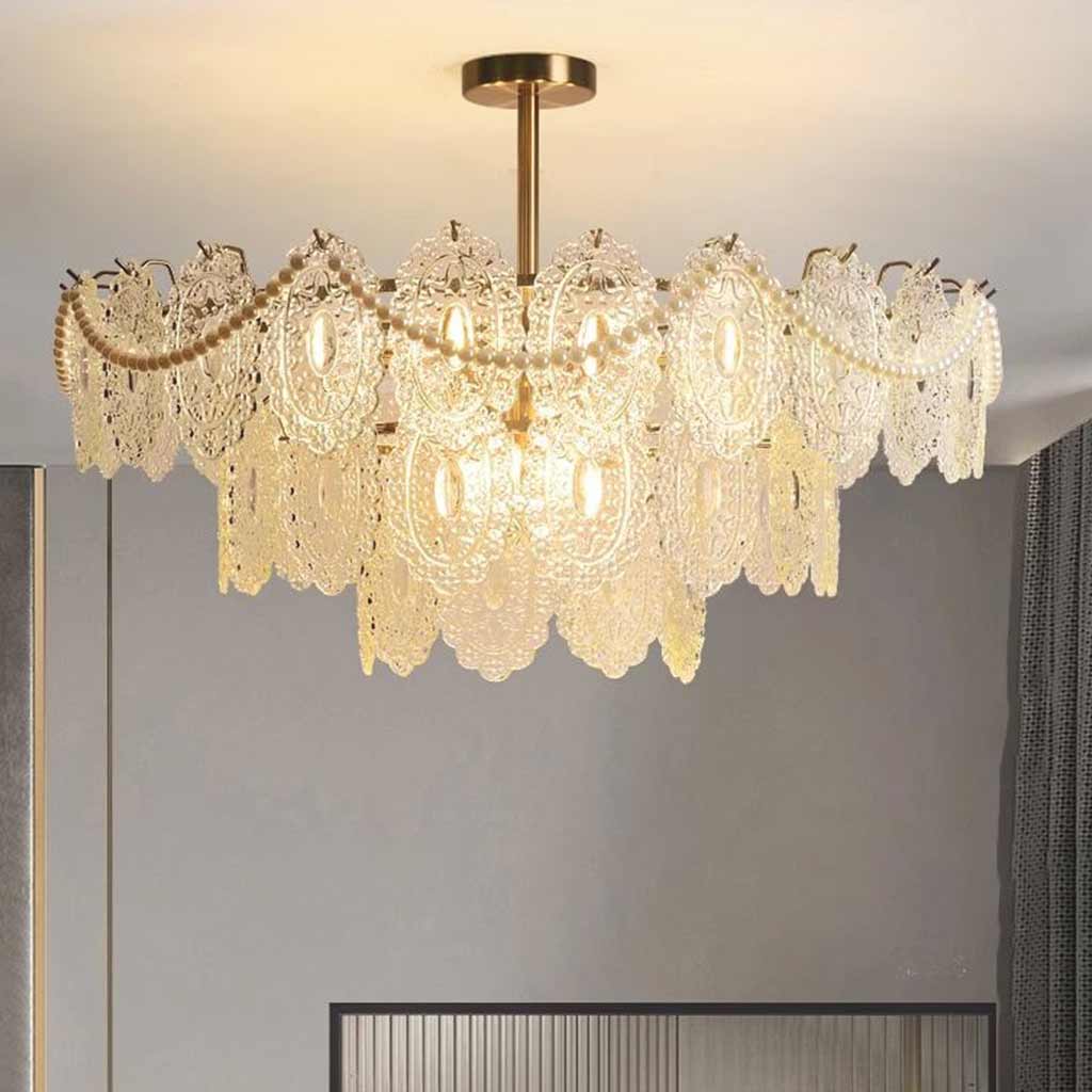 Chandelier French Metal Pearl Tiered Glass Gold Room