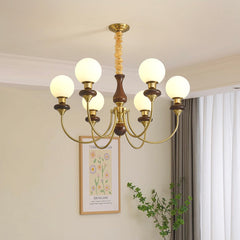 Chandelier French Wood Glass Ball 6 Heads Gold Living Room