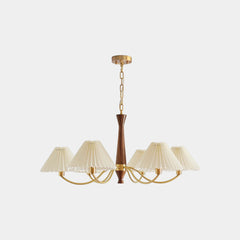 Chandelier Japandi Brass Walnut Fabric Pleated Shade 6 Lights