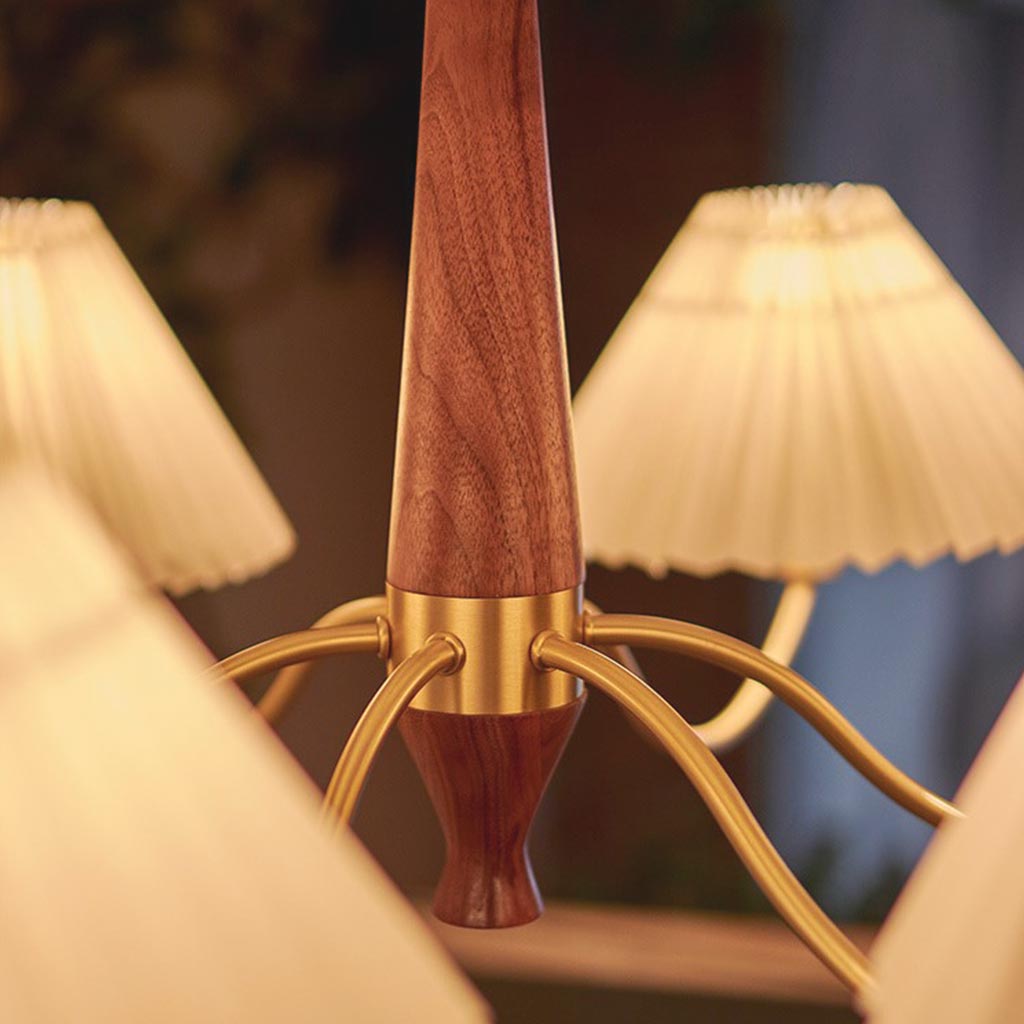 Chandelier Japandi Brass Walnut Fabric Pleated Shade Body