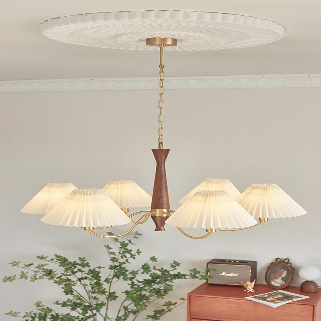 Chandelier Japandi Brass Walnut Fabric Pleated Shade Corner