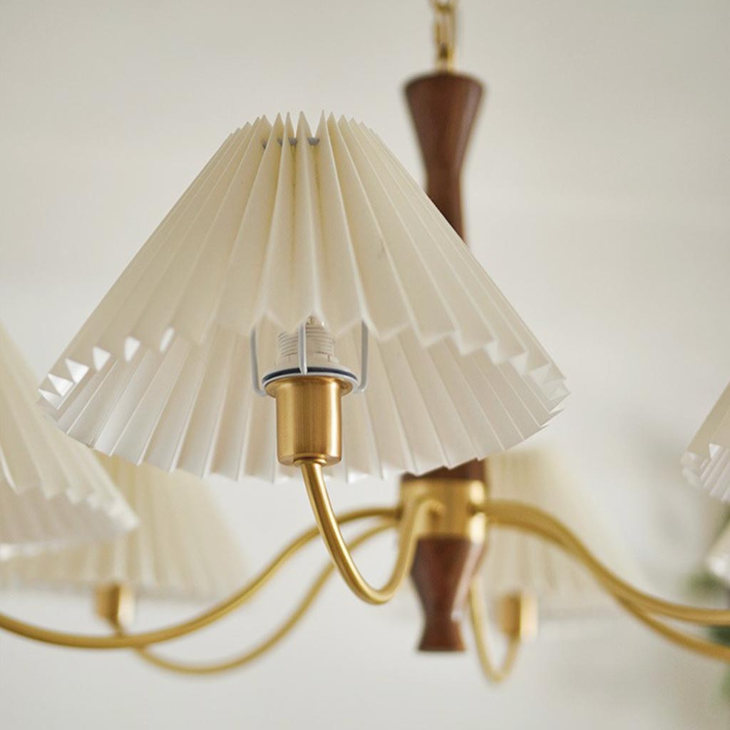 Chandelier Japandi Brass Walnut Fabric Pleated Shade Detail