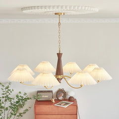 Chandelier Japandi Brass Walnut Fabric Pleated Shade Living Room