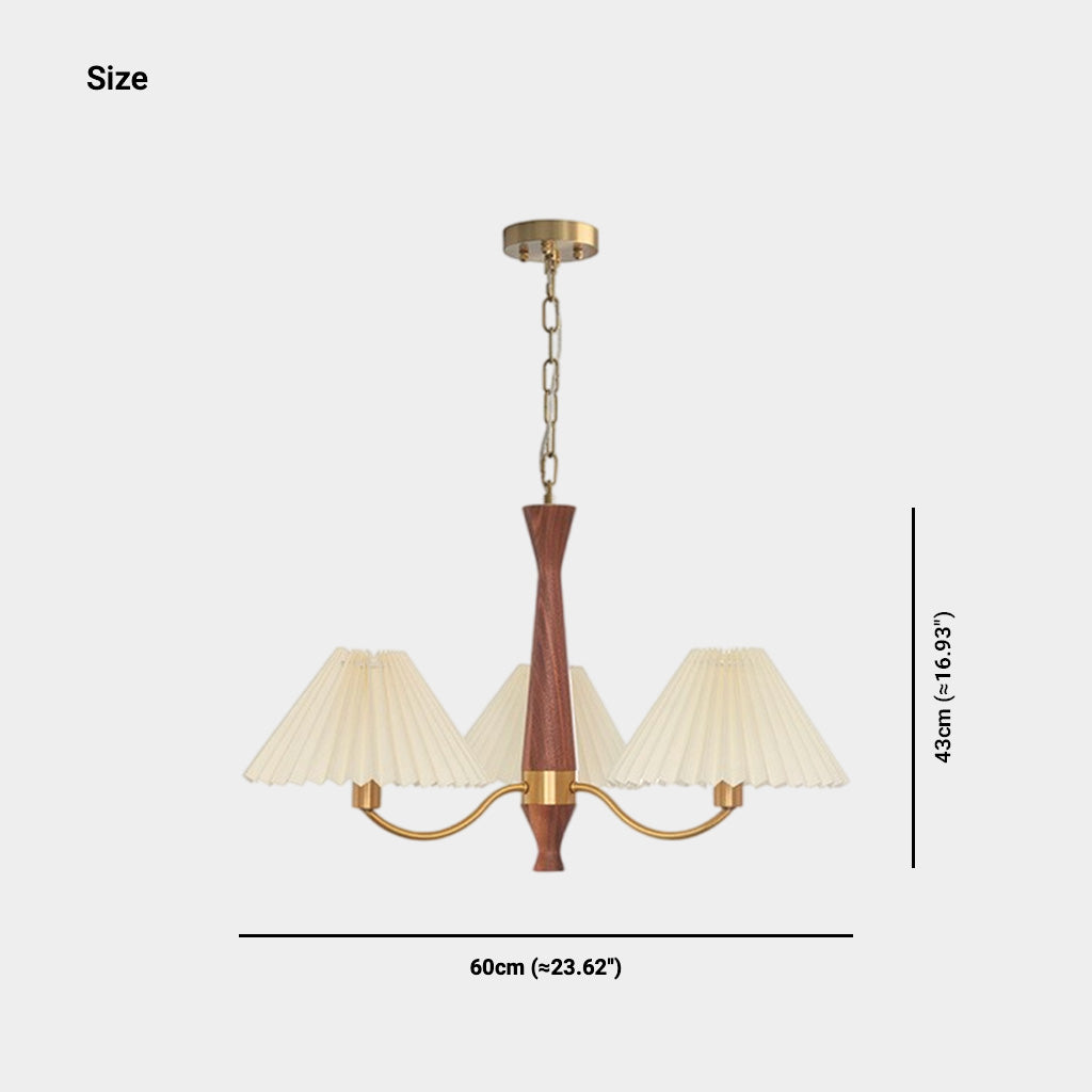 Chandelier Japandi Brass Walnut Fabric Pleated Shade Size