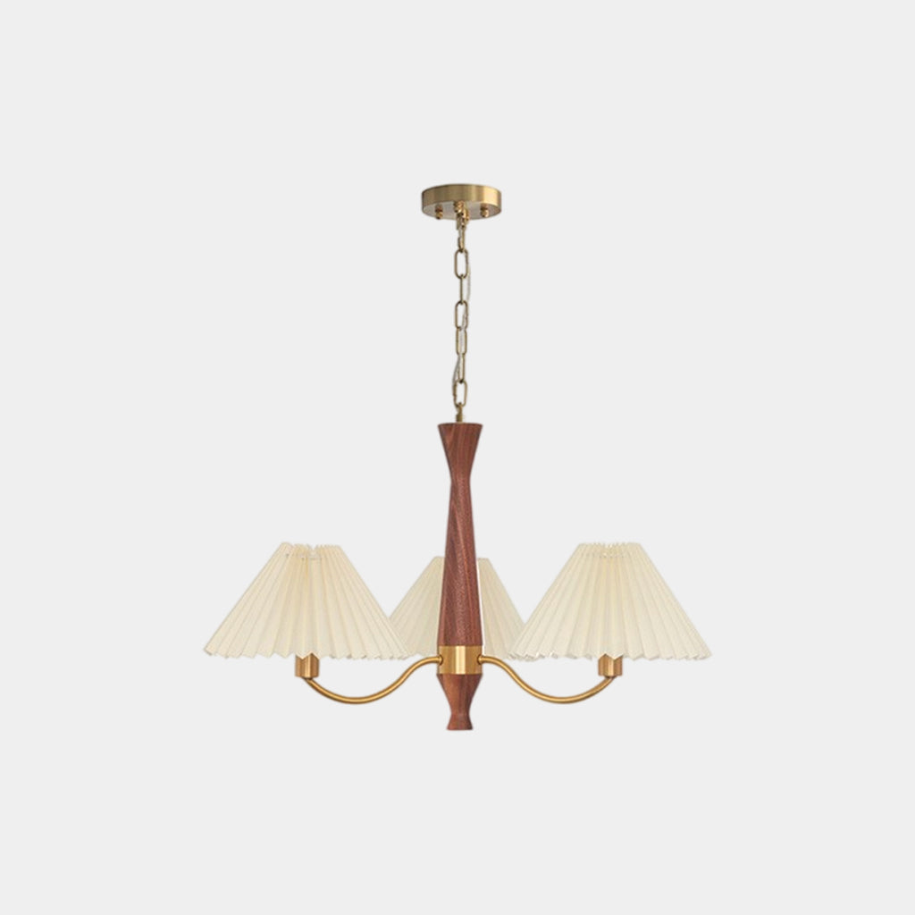 Chandelier Japandi Brass Walnut Fabric Pleated Shade