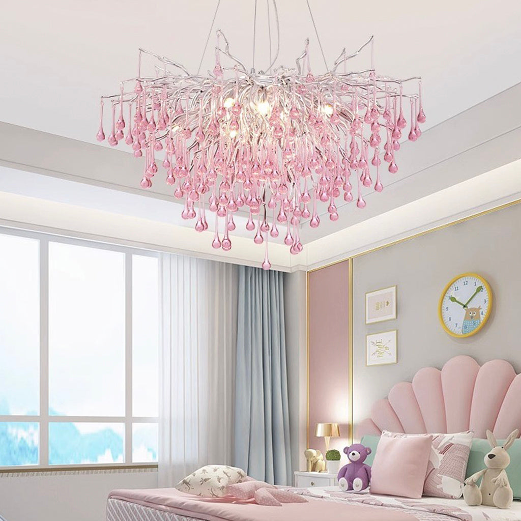 Chandelier Pink Crystal Glass Branch Raindrop Bedroom