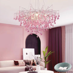 Chandelier Pink Crystal Glass Branch Raindrop Living Room