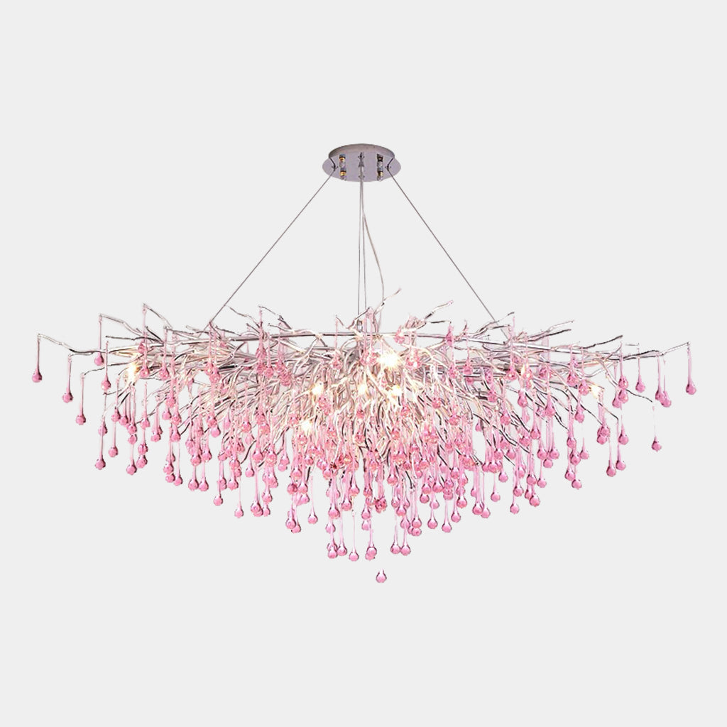 Chandelier Pink Crystal Glass Branch Raindrop Oval