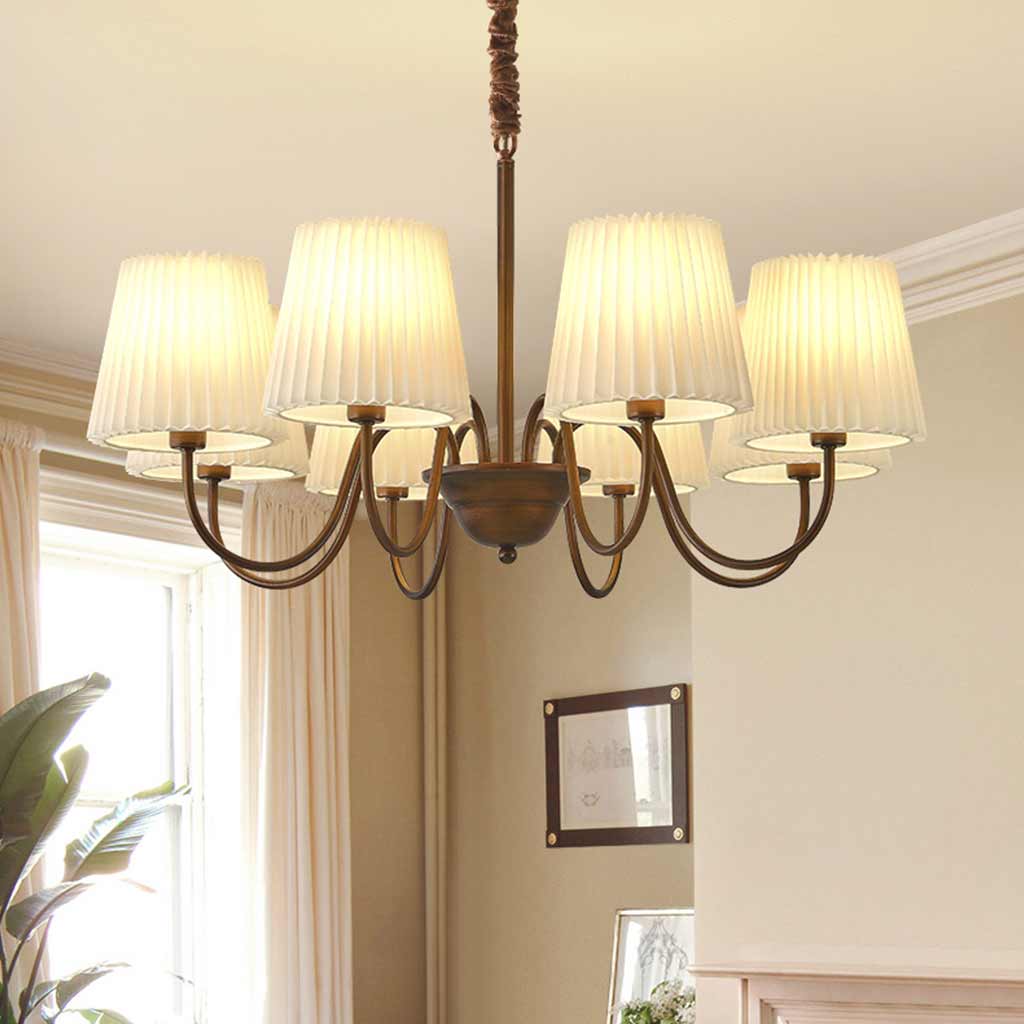 Chandelier Vintage Iron White Pleated Fabric Shade Room