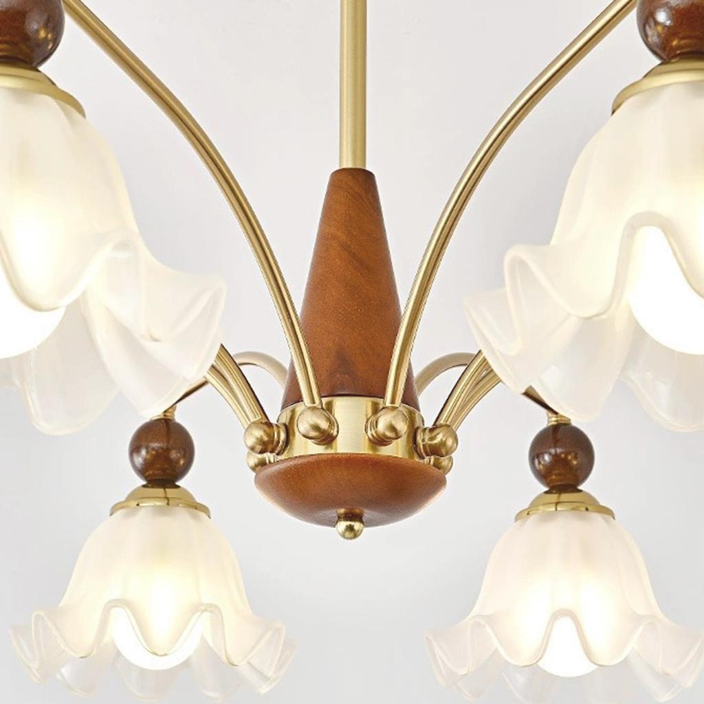 Farmhouse Branch Wood White Glass Flower Chandelier Detail