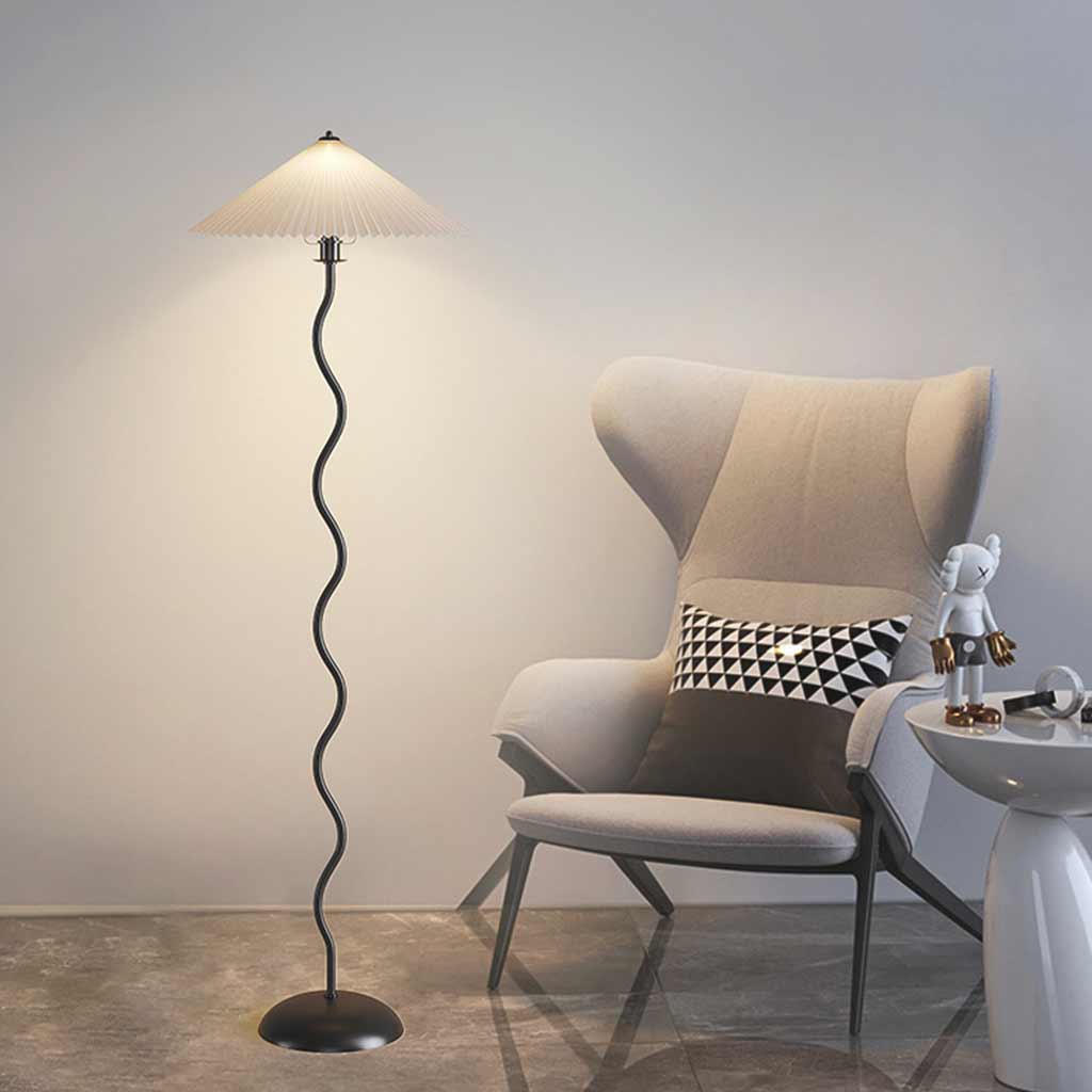 Floor Lamp Vintage Wavy with White Fabric Pleated Shade Sitting Room