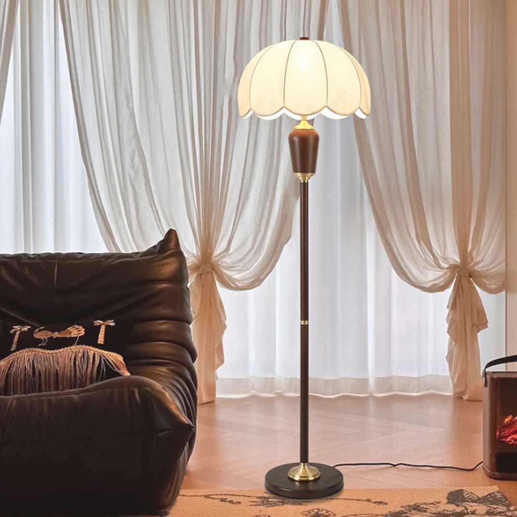 Floor Lamp Vintage Wood Brass with Cloth Shade Living Room