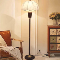 Floor Lamp Vintage Wood Brass with Cloth Shade Sitting Room