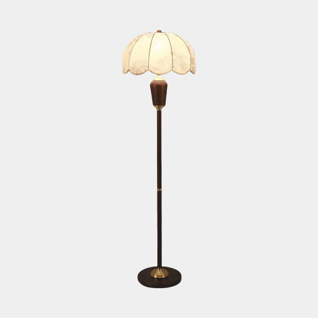 Floor Lamp Vintage Wood Brass with Cloth Shade