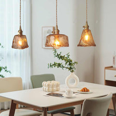 Hanging Pendant Light Vintage Brass Amber Glass Dining Room