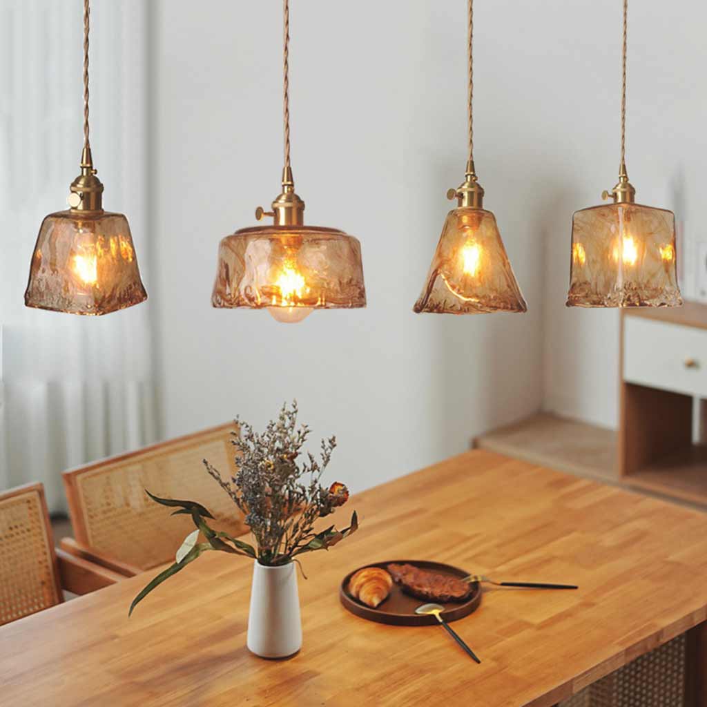 Hanging Pendant Light Vintage Brass Amber Glass Dining Table