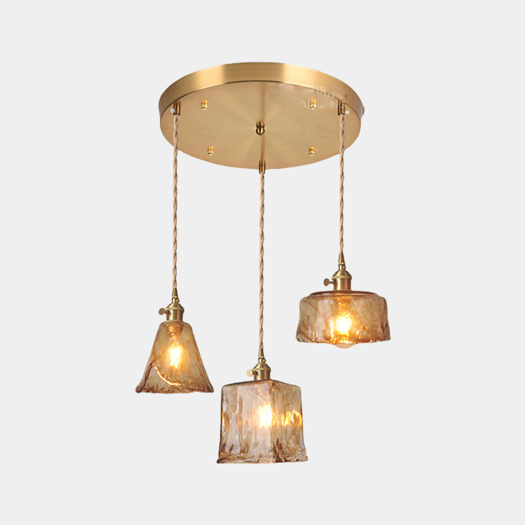 Hanging Pendant Light Vintage Brass Amber Glass Round