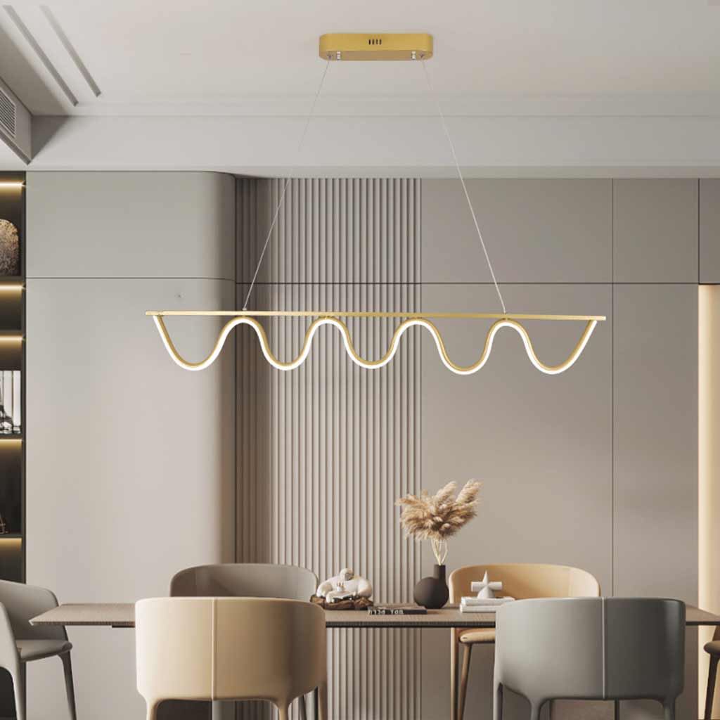Modern Linear Wavy Pendant Light Gold Dining Table