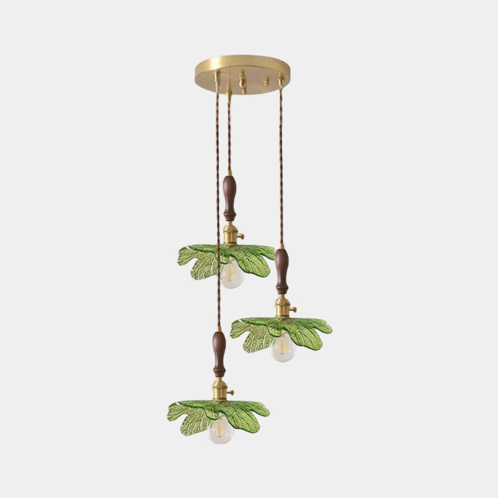 Pendant Light Artistic Brass Wood Glass Leaf