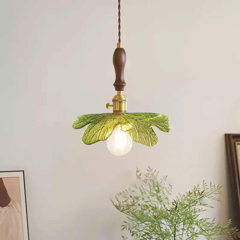 Pendant Light Artistic Retro Brass Wood Glass Leaf Corner