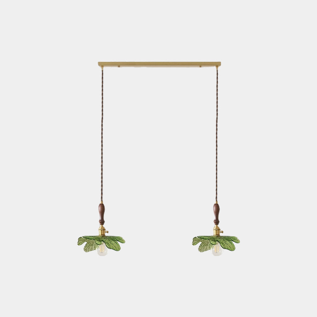 Pendant Light Artistic Retro Brass Wood Glass Leaf Green