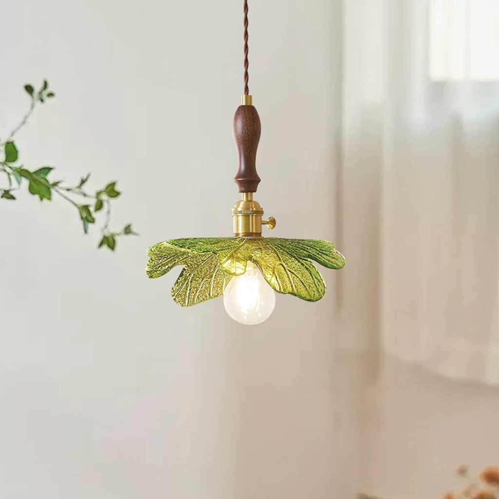 Pendant Light Artistic Retro Brass Wood Glass Leaf Room