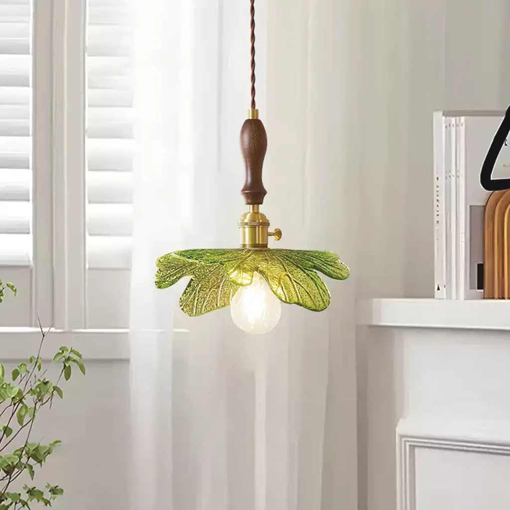 Pendant Light Artistic Retro Brass Wood Glass Leaf Study Room