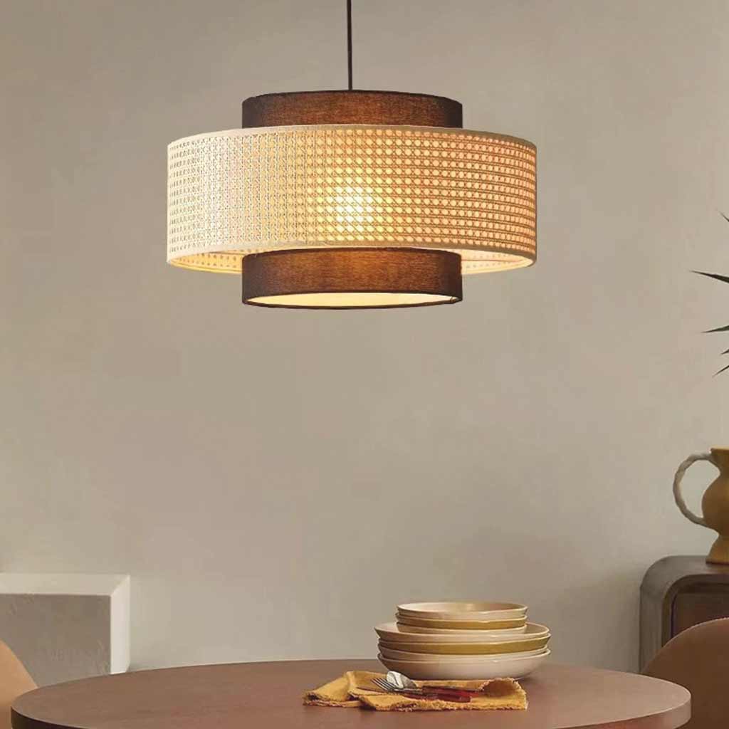 Pendant Light Japandi Retro Round Rattan Fabric Lantern Dining Table