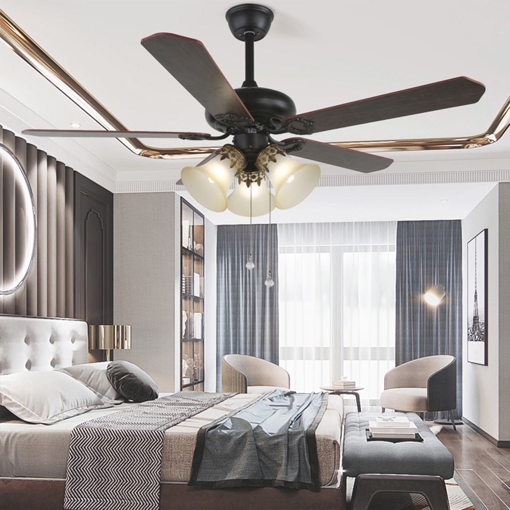 Semi Flush Ceiling Fan with Light Black Bedroom