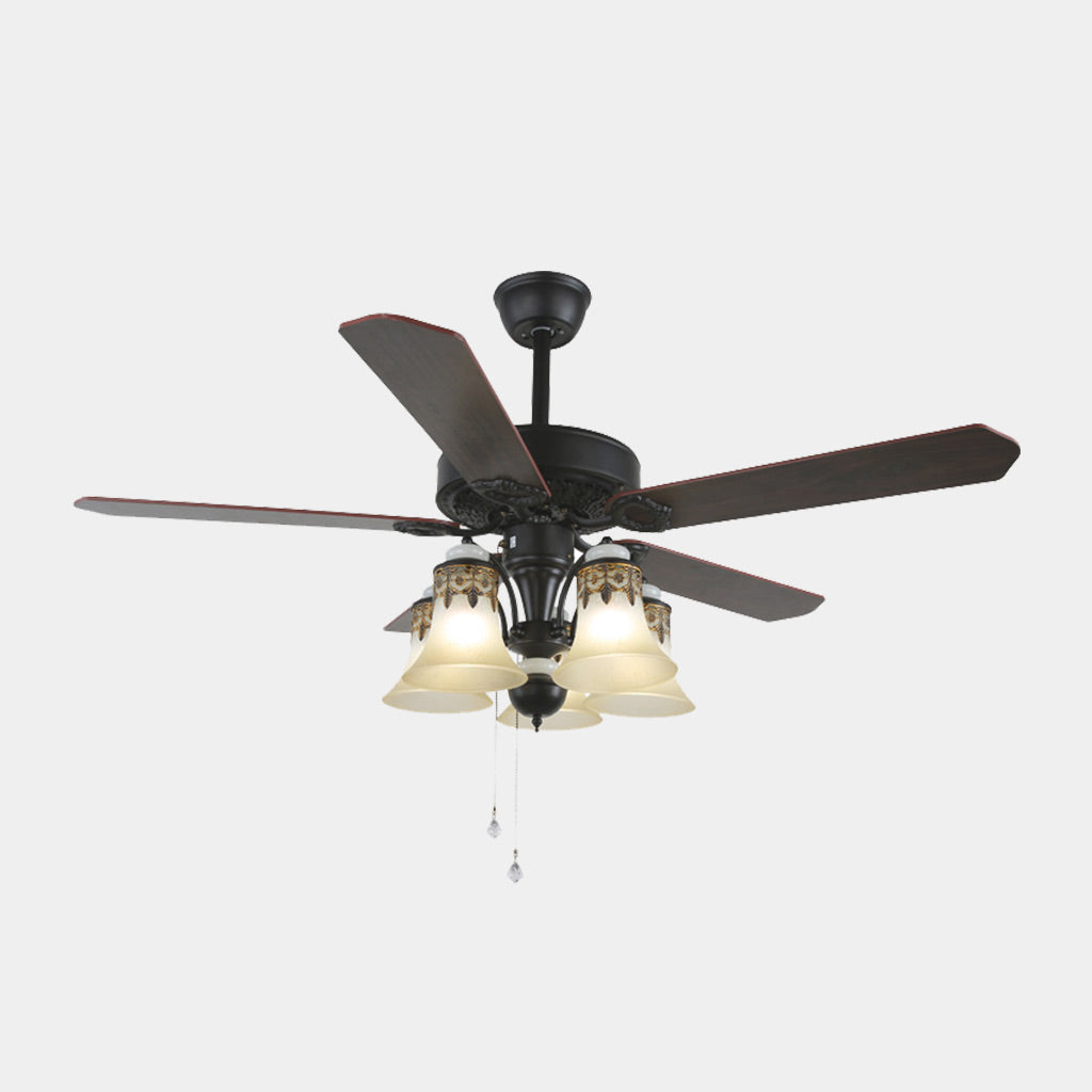 Semi Flush Ceiling Fan with Light Retro Industrial 5 Blades Black