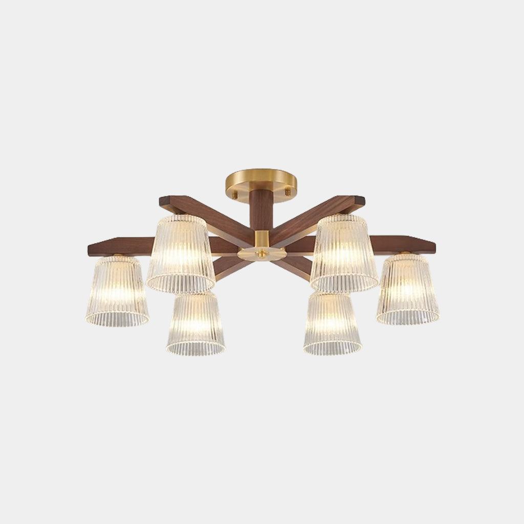 Semi Flush Ceiling Light Contemporary Glass Walnut Wood 6 Heads