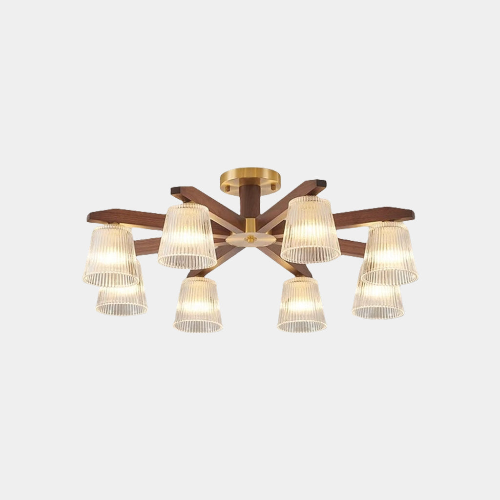 Semi Flush Ceiling Light Contemporary Glass Walnut Wood 8 Heads