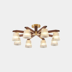 Semi Flush Ceiling Light Contemporary Glass Walnut Wood 8 Heads