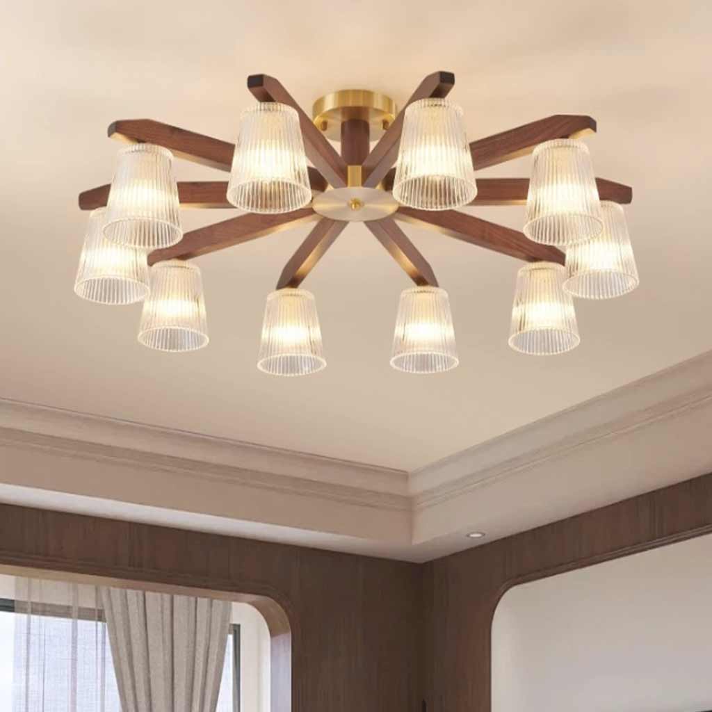 Semi Flush Ceiling Light Contemporary Glass Walnut Wood Living Room