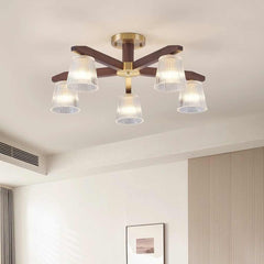 Semi Flush Ceiling Light Contemporary Glass Walnut Wood Room