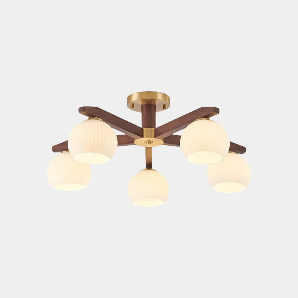 Semi Flush Ceiling Light Contemporary Glass Walnut Wood