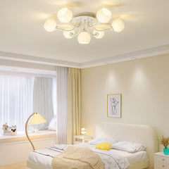 Semi Flush Mount Ceiling Light Cream Glass Flower White Bedroom