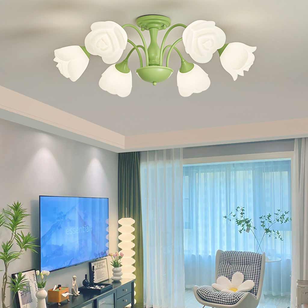 Semi Flush Mount Ceiling Light Cream Rose Flower Green Living Room