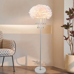 Stylish Feather Floor Lamp with Crystal Tassels White Body White Shade Entryway
