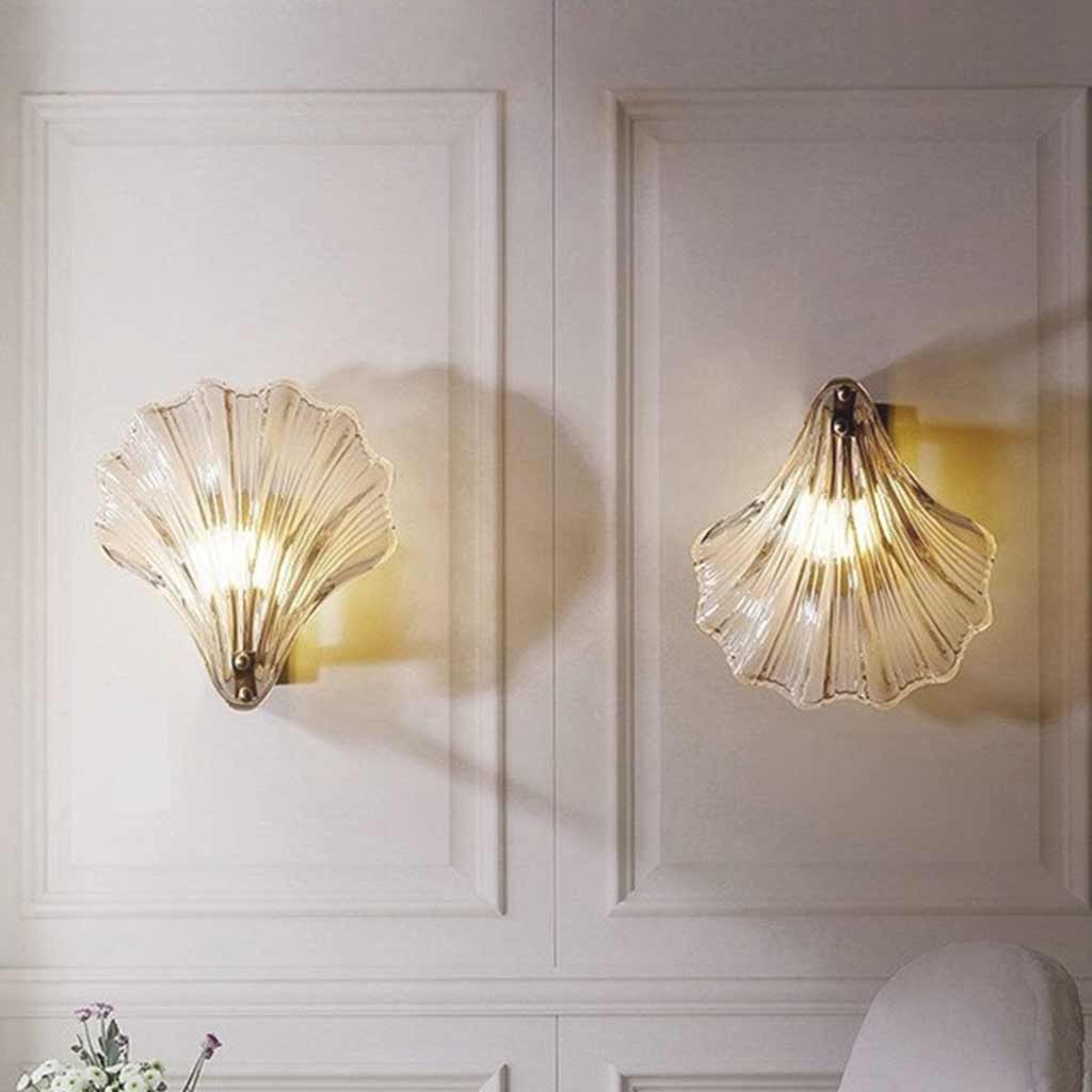 Wall Sconce Light Decorative Brass Amber Glass Shell Lving Room