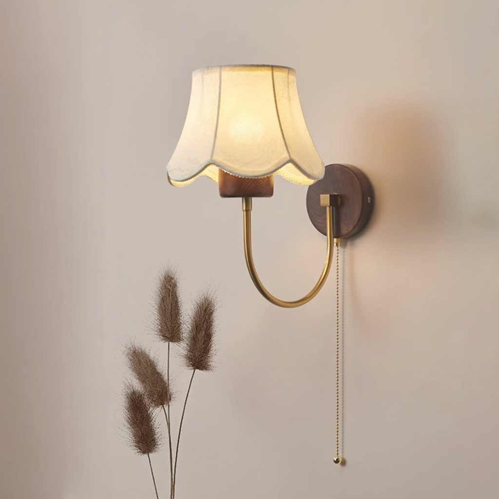 Wall Sconce Light Vintage Walnut Wood with Fabric Shade Hallway