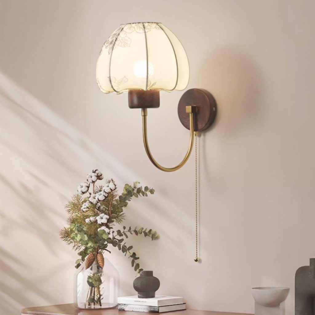 Wall Sconce Light Vintage Walnut Wood with Fabric Shade Study Room