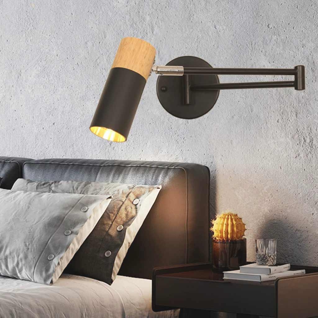 Wall Sconce Spotlight Nordic Wood Adjustable Swing Arm Black Bedroom