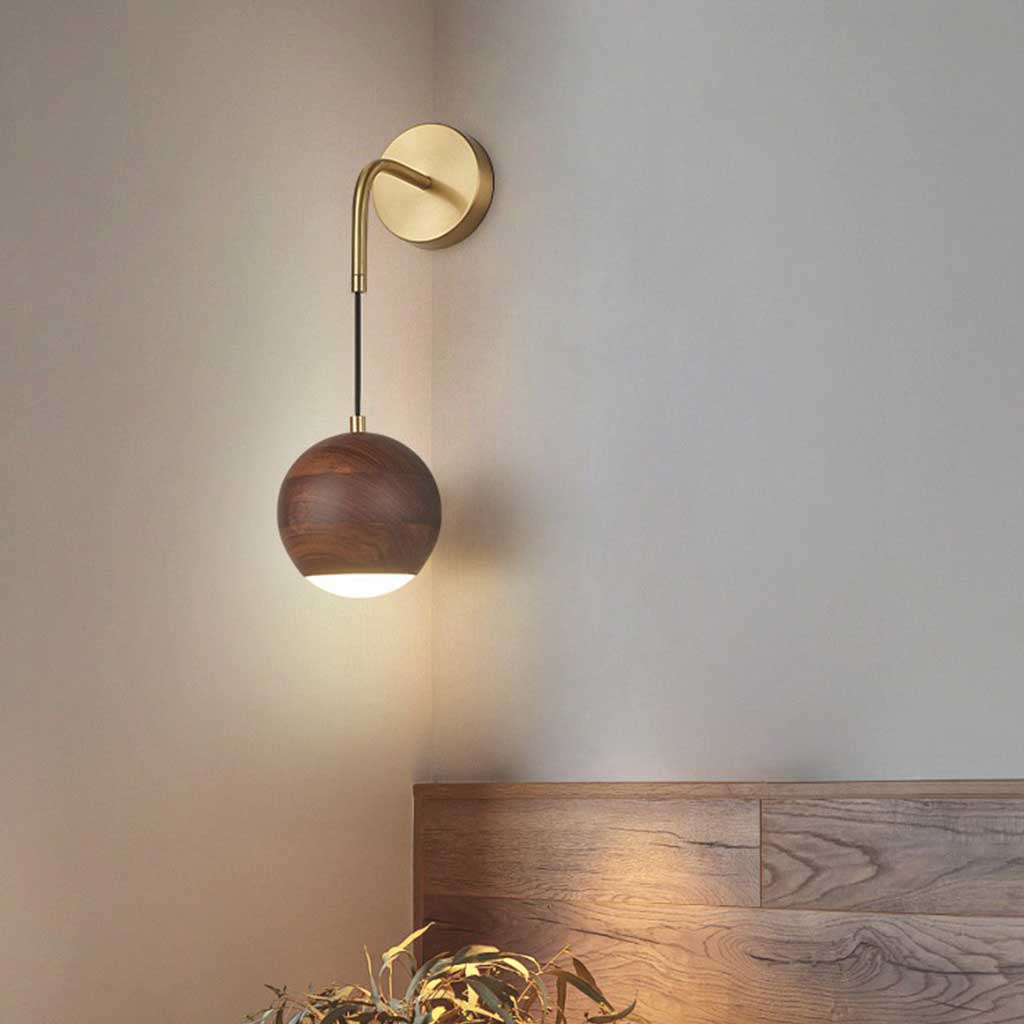 Wall Sconce Wooden Globe LED Hanging Walnut Color Bedroom