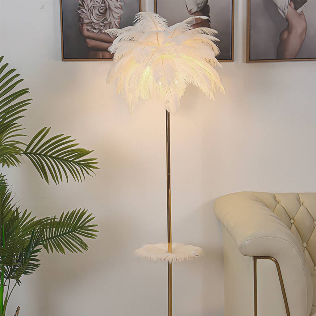 Ostrich Feather Floor Lamp with Table Tray, Nordic, 3 Colors White / Dia50cm * H160cm/ D19.69x H62.99
