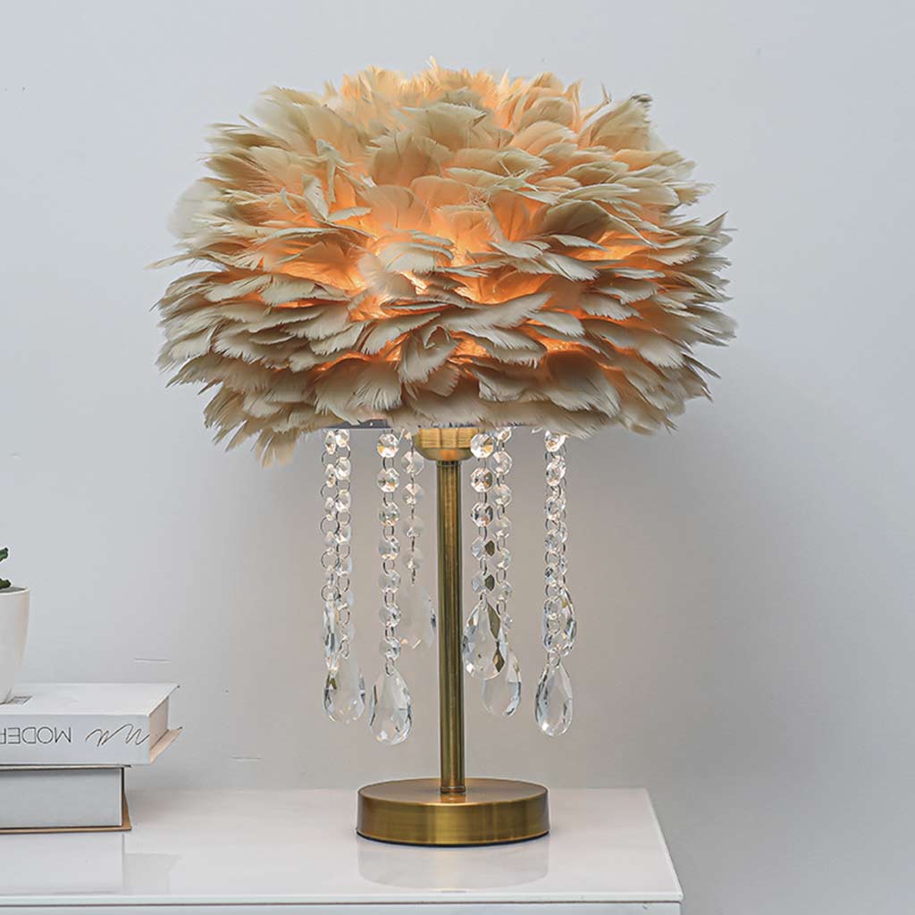Romantic Feather Table Lamp with Crystal Tassels Light Brown